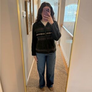 Tiara Olive Green Zip-Up Fair Isle Cardigan